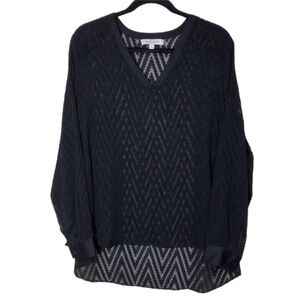 Ellen Tracy Sheer Chevron Black V-Neck Long Sleeve Top Blouse Size L